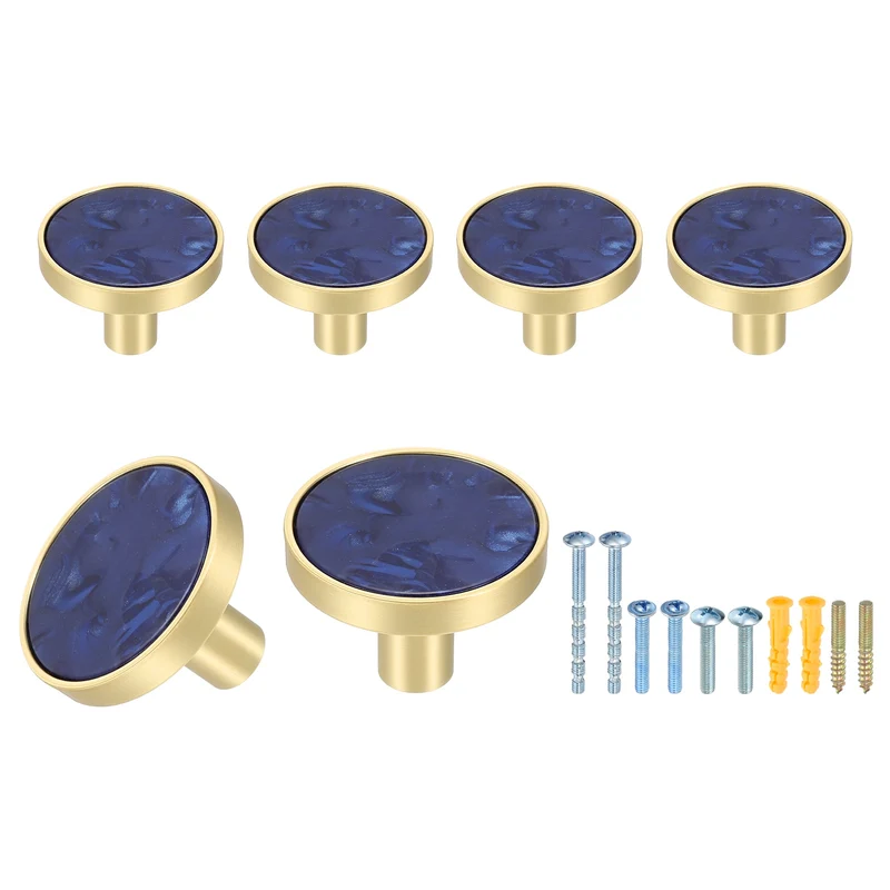 6Pcs Gold Cabinet Knobs 1-1/4" Round Knobs Cabinet Handles, Sapphire Blue