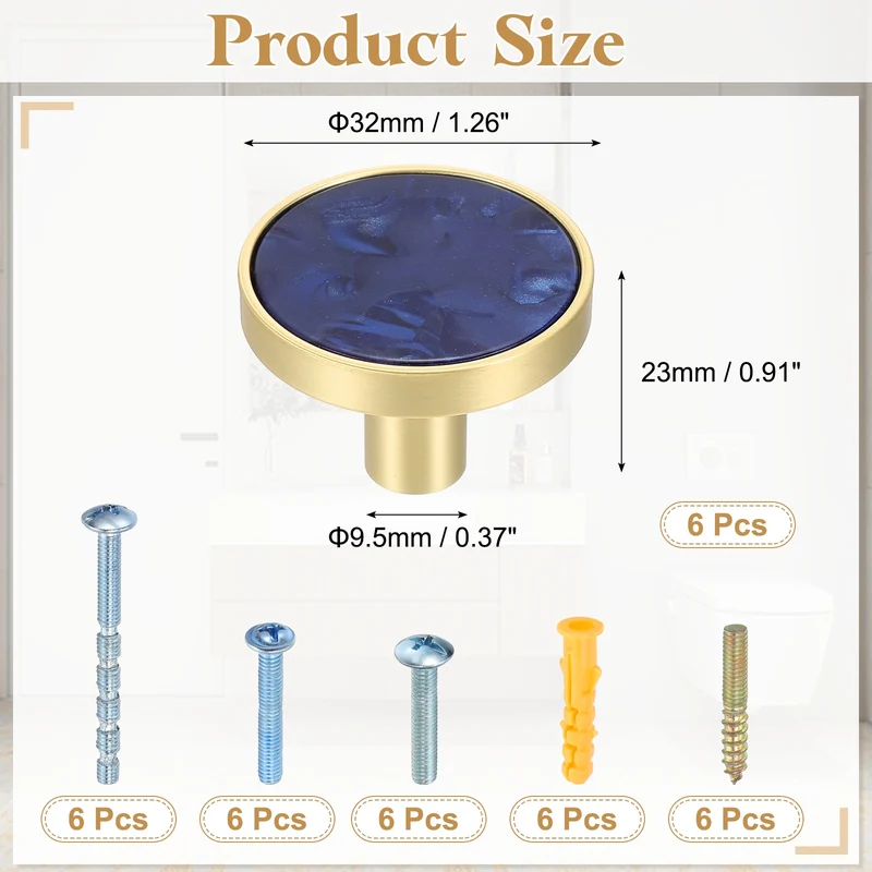 6Pcs Gold Cabinet Knobs 1-1/4" Round Knobs Cabinet Handles, Sapphire Blue