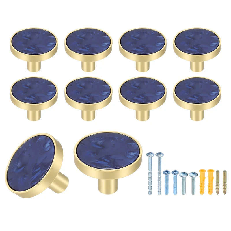 10Pcs Gold Cabinet Knobs 1-1/4" Round Knobs Cabinet Handles, Sapphire Blue