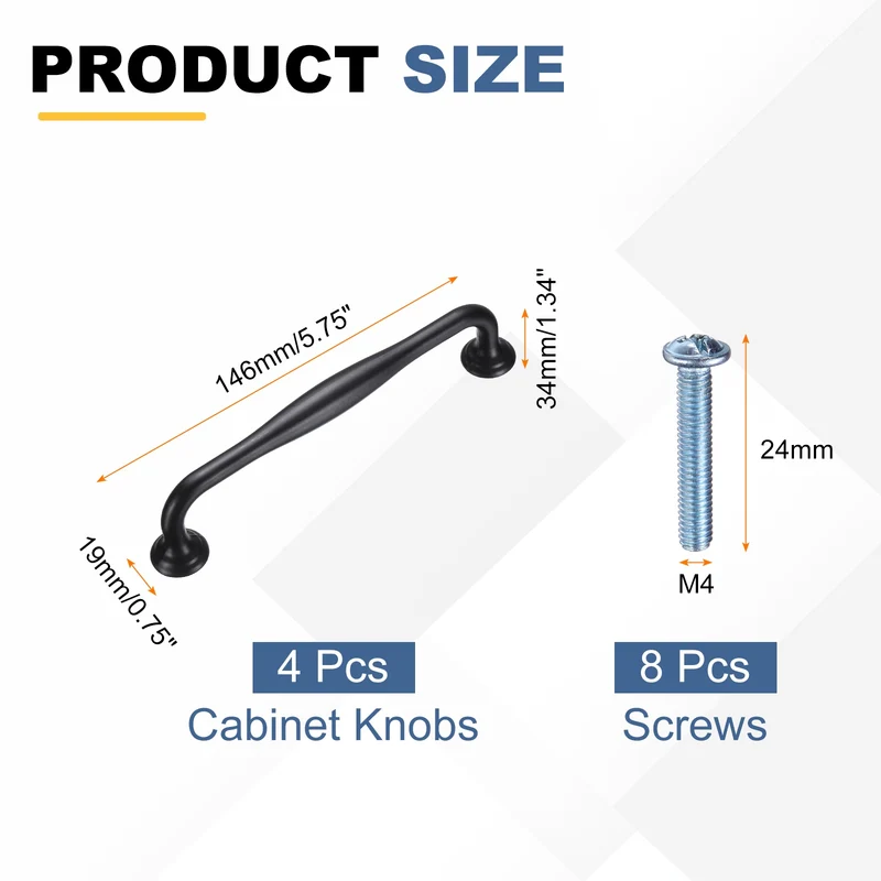 4 Pack Cabinet Handles, 5" Hole Center Solid Cabinet Pulls with Screw, Black