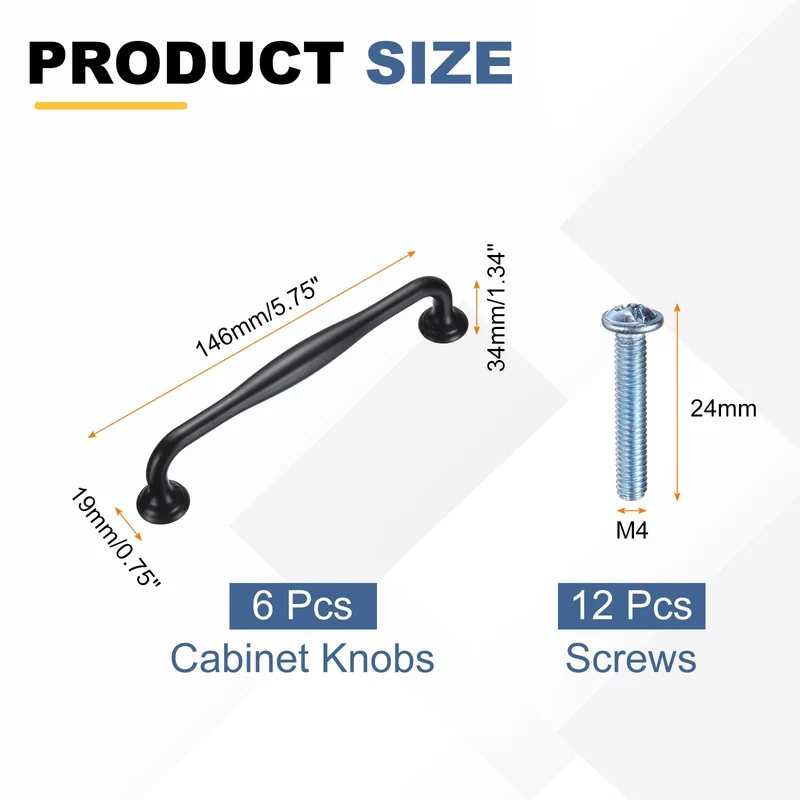 6 Pack Cabinet Handles, 5" Hole Center Solid Cabinet Pulls with Screw, Black