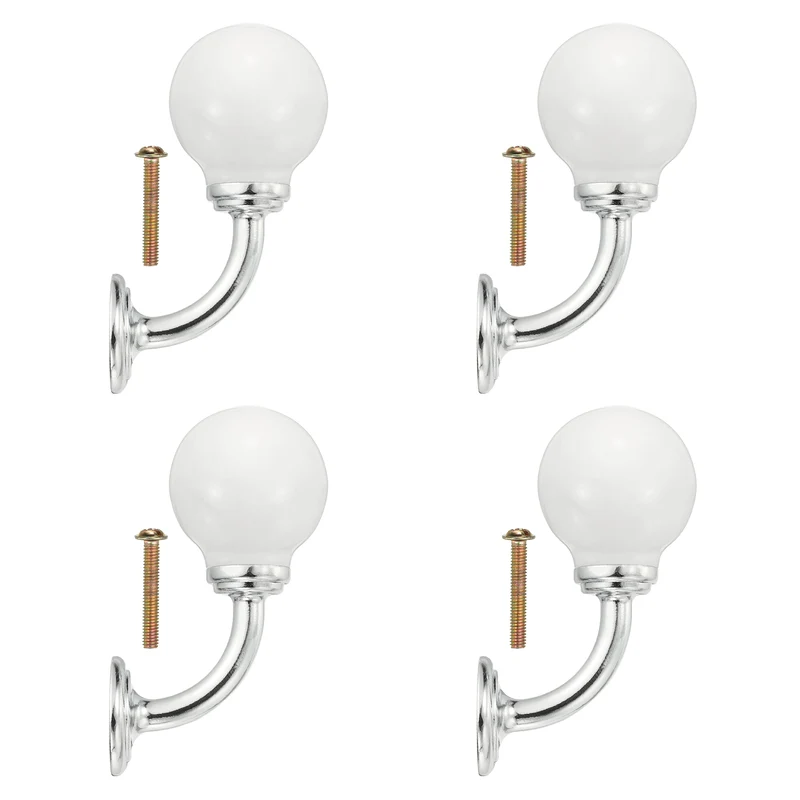 4 Pcs Wall Hooks, Ceramic Drawer Door Cabinet Single Hook Handle, White