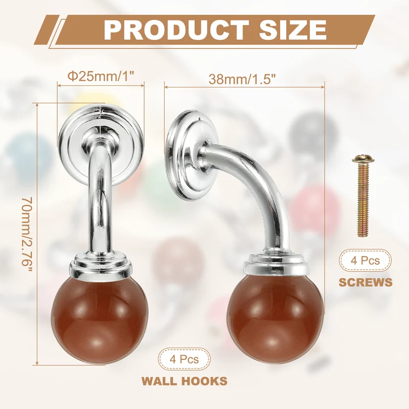 4 Pcs Wall Hooks, Ceramic Drawer Door Cabinet Single Hook Handle, Brown