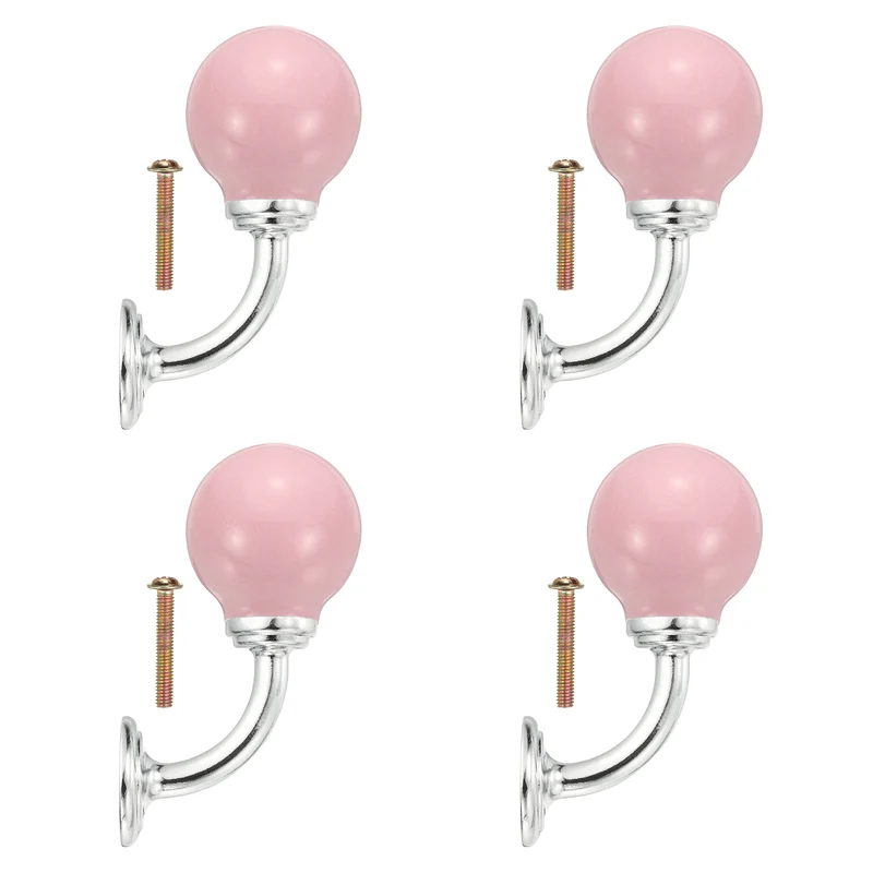 4 Pcs Wall Hooks, Ceramic Drawer Door Cabinet Single Hook Handle, Light Pink