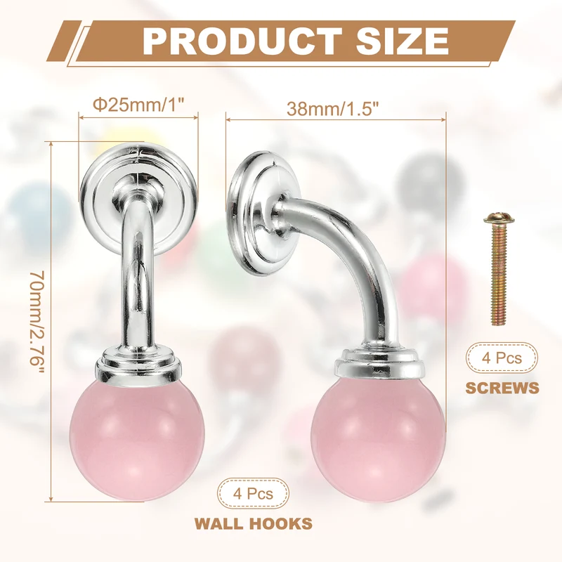 4 Pcs Wall Hooks, Ceramic Drawer Door Cabinet Single Hook Handle, Light Pink