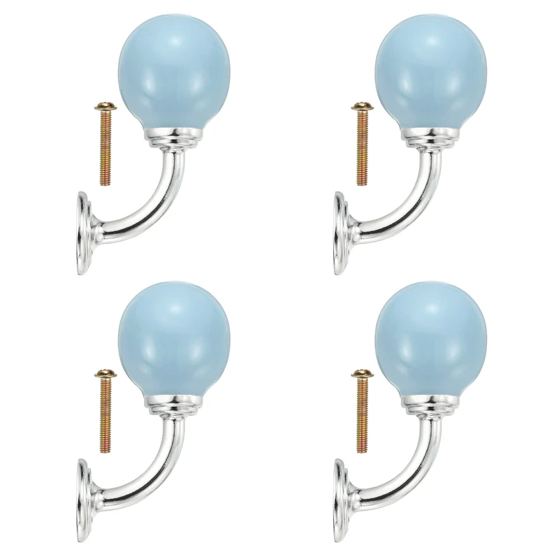 4 Pcs Wall Hooks, Ceramic Drawer Door Cabinet Single Hook Handle, Light Blue