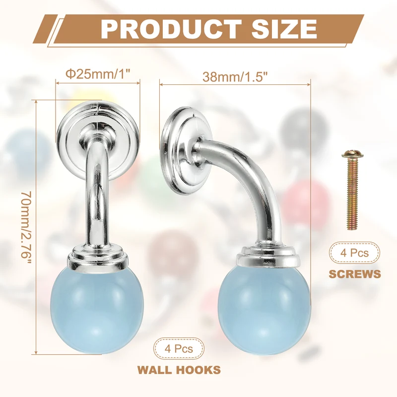 4 Pcs Wall Hooks, Ceramic Drawer Door Cabinet Single Hook Handle, Light Blue
