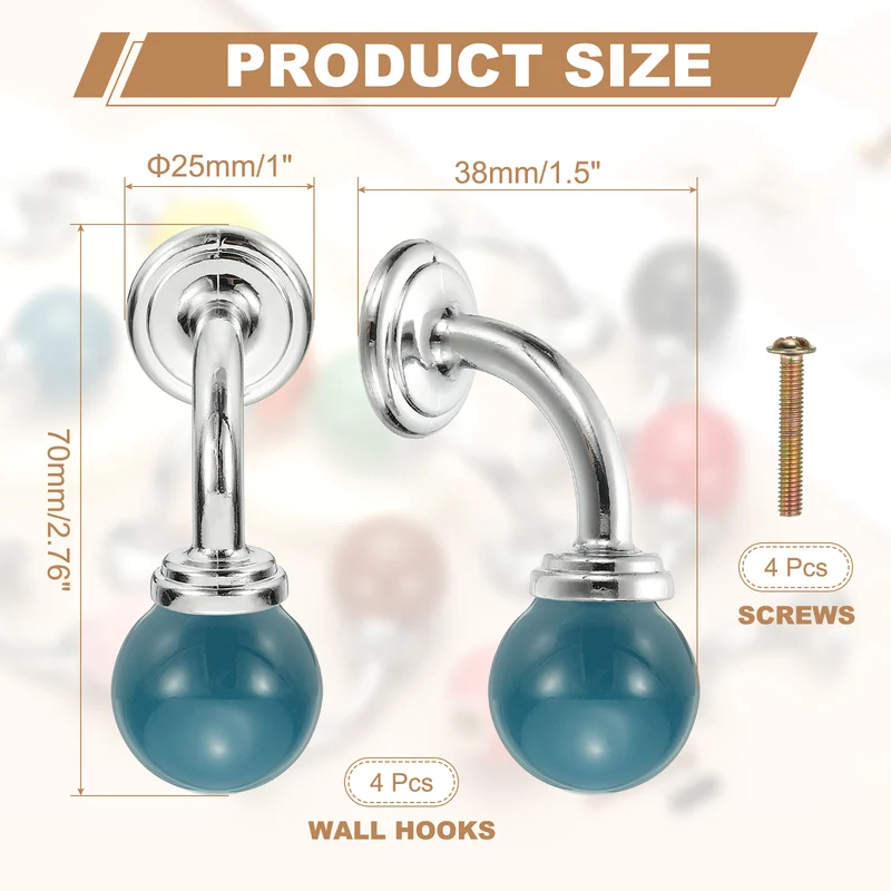 4 Pcs Wall Hooks, Ceramic Drawer Door Cabinet Single Hook Handle, Blue