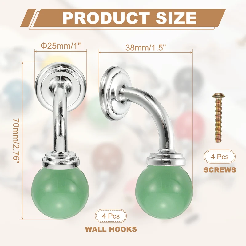 4 Pcs Wall Hooks, Ceramic Drawer Door Cabinet Single Hook Handle, Green