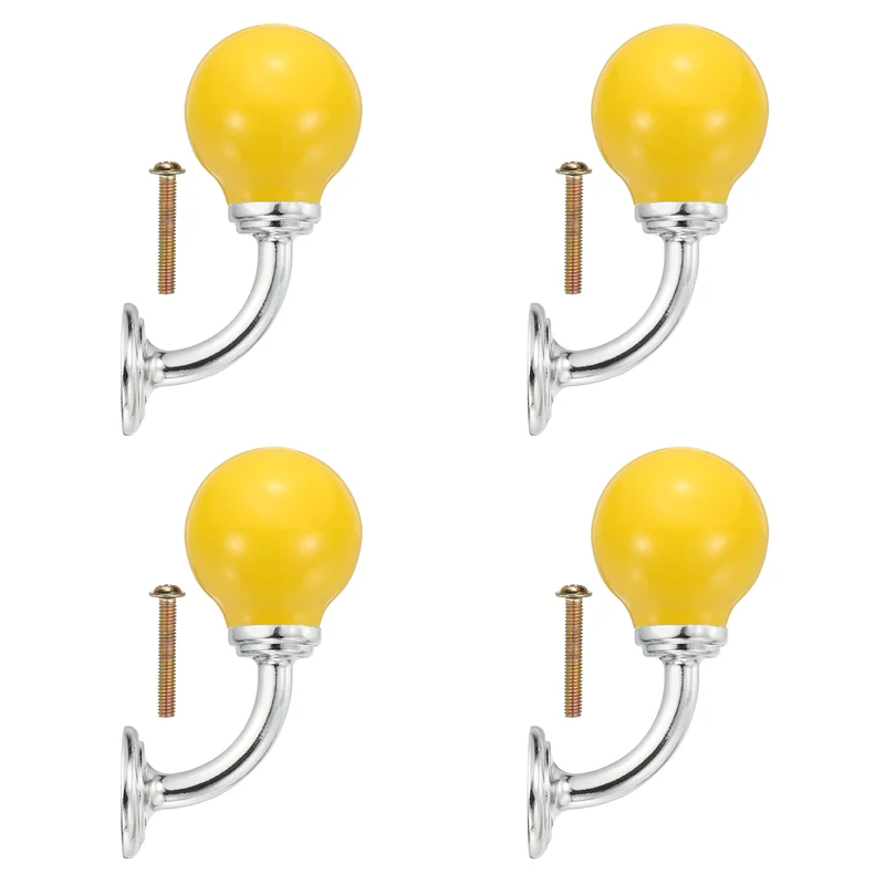 4 Pcs Wall Hooks, Ceramic Drawer Door Cabinet Single Hook Handle, Yellow