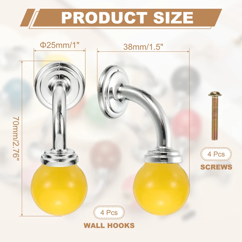 4 Pcs Wall Hooks, Ceramic Drawer Door Cabinet Single Hook Handle, Yellow