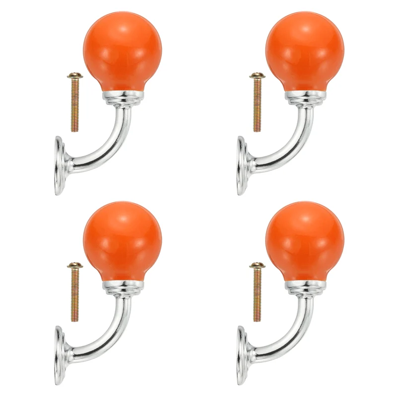4 Pcs Wall Hooks, Ceramic Drawer Door Cabinet Single Hook Handle, Orange