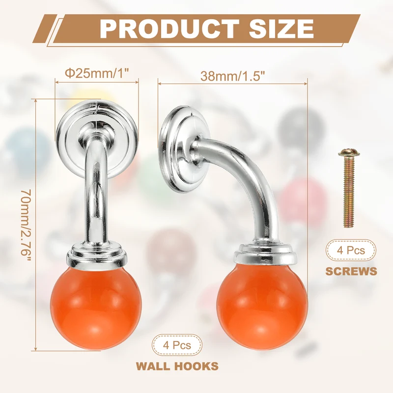 4 Pcs Wall Hooks, Ceramic Drawer Door Cabinet Single Hook Handle, Orange