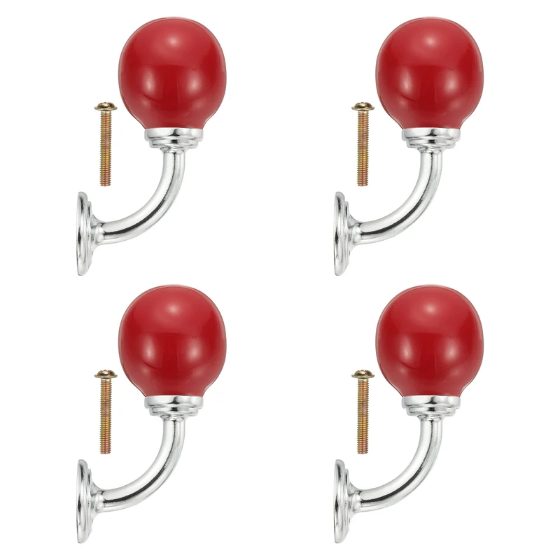 4 Pcs Wall Hooks, Ceramic Drawer Door Cabinet Single Hook Handle, Red