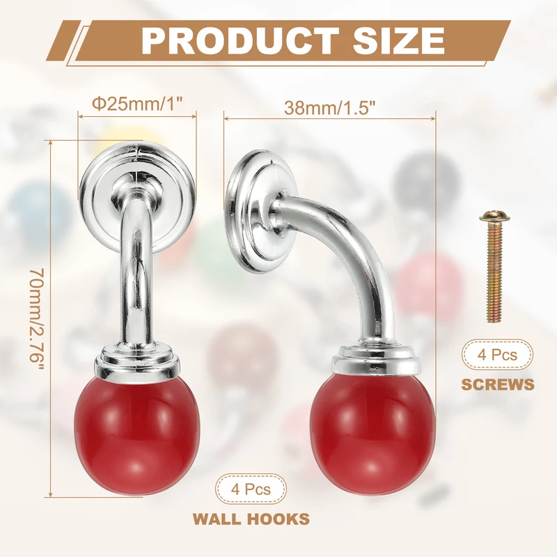 4 Pcs Wall Hooks, Ceramic Drawer Door Cabinet Single Hook Handle, Red