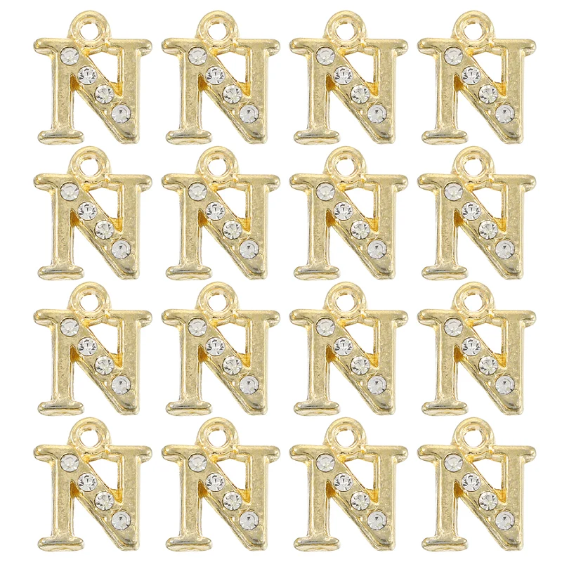 Rhinestone Letter Charm, 16pcs 1.5mm Metal N Letter Charm, Gold