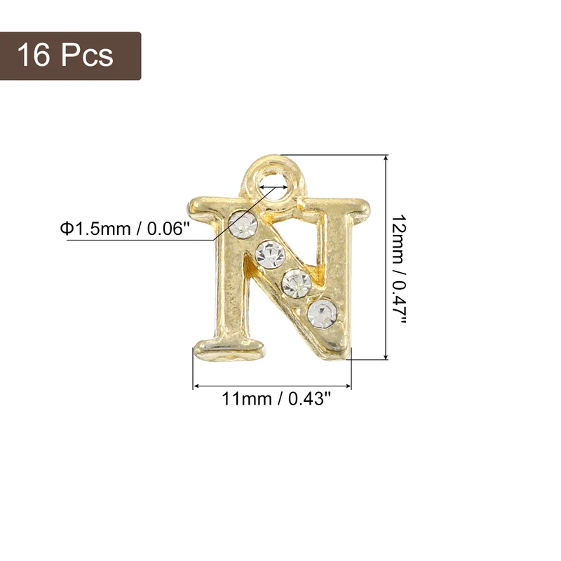 Rhinestone Letter Charm, 16pcs 1.5mm Metal N Letter Charm, Gold