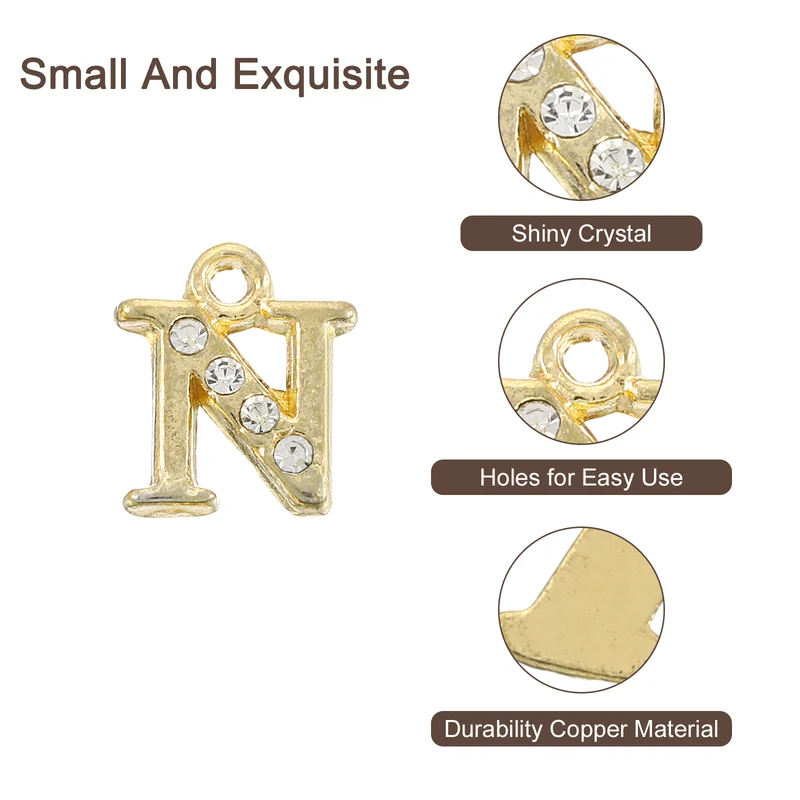 Rhinestone Letter Charm, 16pcs 1.5mm Metal N Letter Charm, Gold
