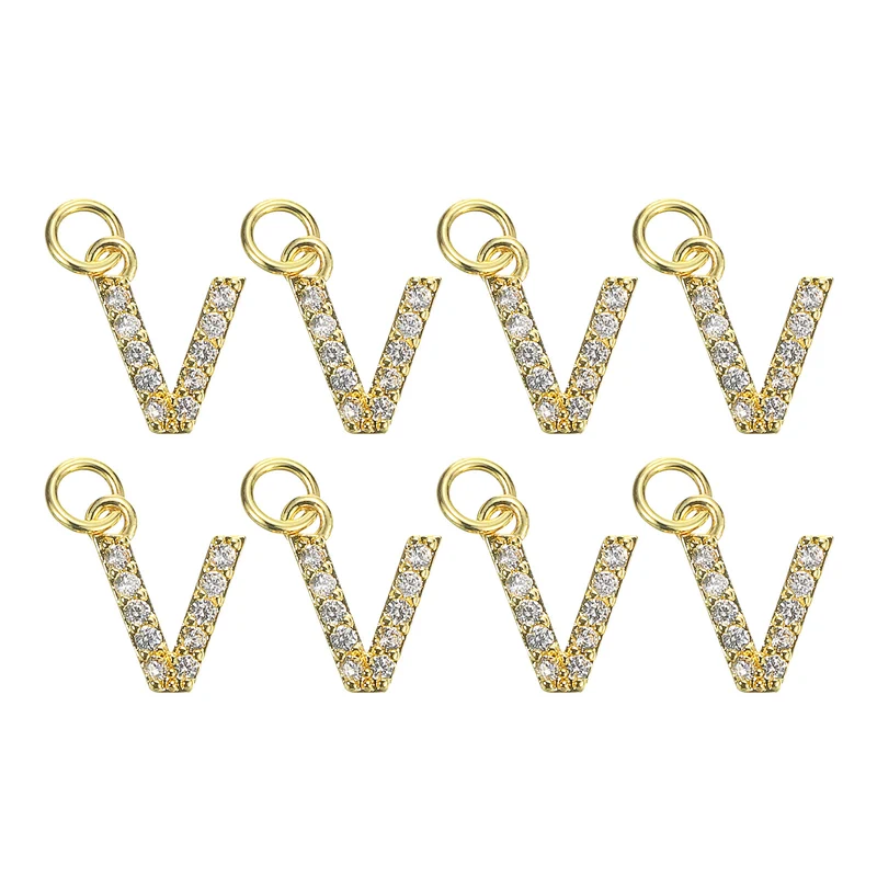 Rhinestone Letter Charm, 8pcs 3.2mm Copper V Letter Charm, Golden