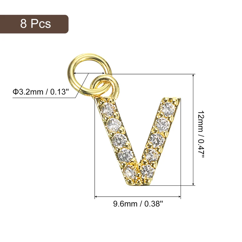 Rhinestone Letter Charm, 8pcs 3.2mm Copper V Letter Charm, Golden