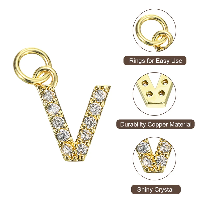 Rhinestone Letter Charm, 8pcs 3.2mm Copper V Letter Charm, Golden