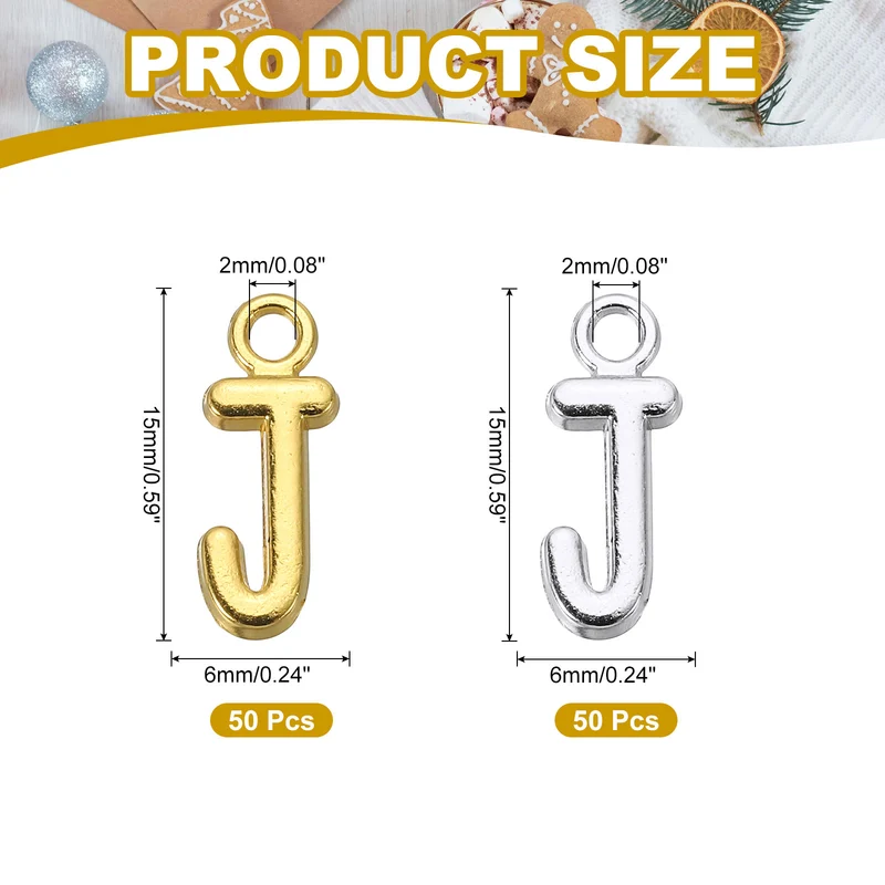 0.4" Letter Charm A-Z for Jewelry Making - J (100 Pack, Dark Silver/Gold)