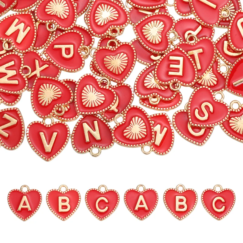 52 Pcs Letter Initial Charm A-Z Heart Letter Charm(Red)
