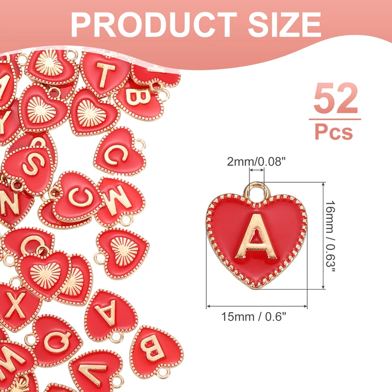 52 Pcs Letter Initial Charm A-Z Heart Letter Charm(Red)