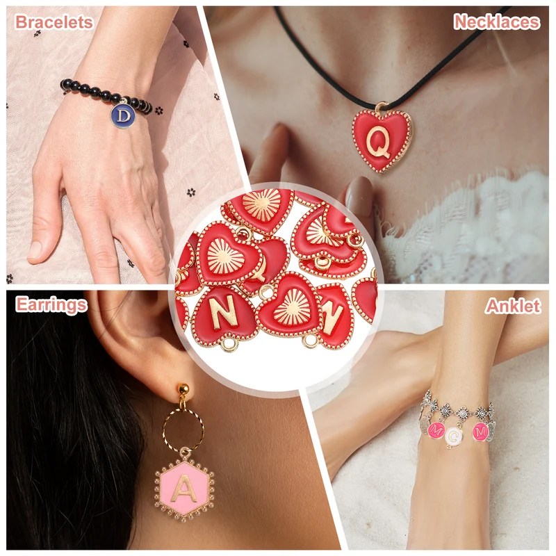 52 Pcs Letter Initial Charm A-Z Heart Letter Charm(Red)