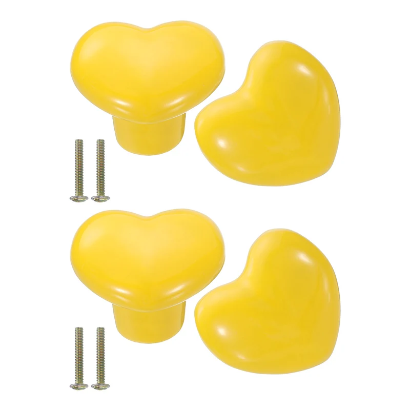 4 Pack Heart-Shaped Ceramic Drawer Knobs Yellow Dresser Pulls Handles