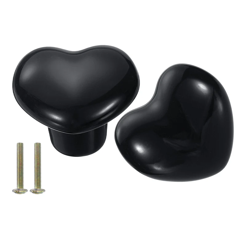 2 Packs Heart-Shaped Ceramic Drawer Knobs Black Dresser Pulls Handles