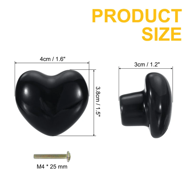 2 Packs Heart-Shaped Ceramic Drawer Knobs Black Dresser Pulls Handles