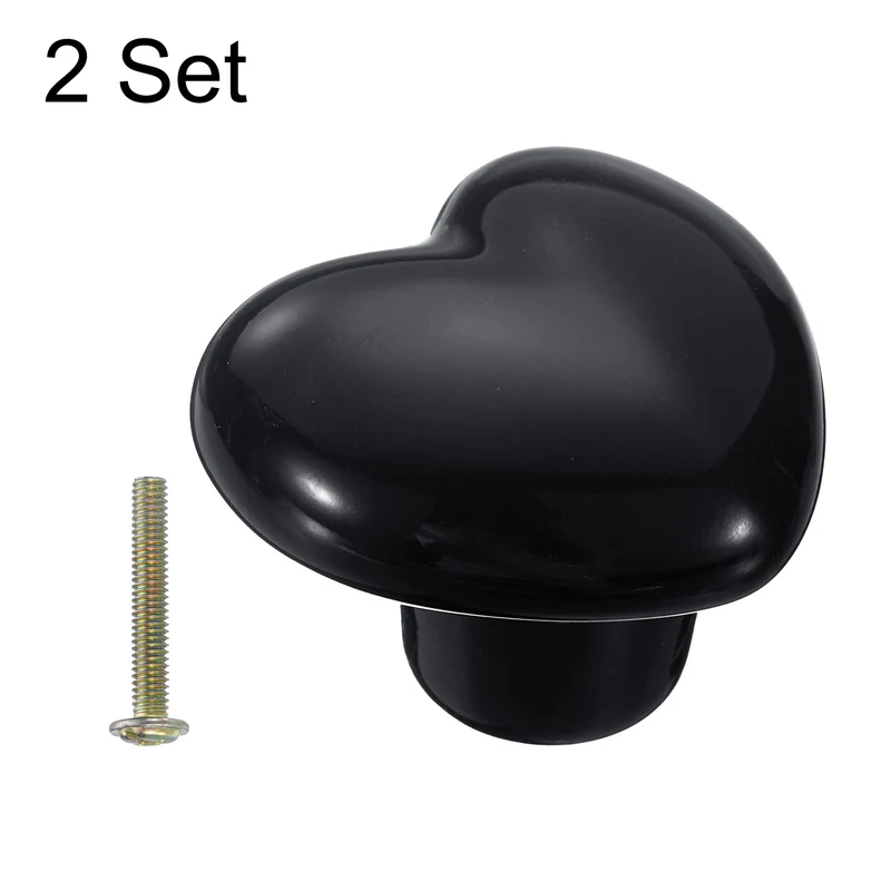 2 Packs Heart-Shaped Ceramic Drawer Knobs Black Dresser Pulls Handles