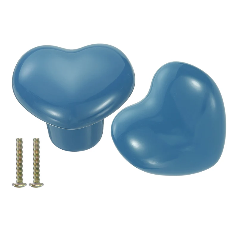 2 Pack Heart-Shaped Ceramic Drawer Knobs Blue Dresser Pulls Handles