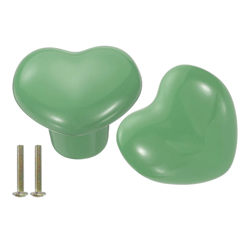 2 Packs Heart-Shaped Ceramic Drawer Knobs Green Dresser Pulls Handles