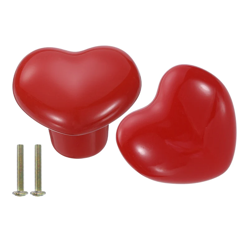 2 Packs Heart-Shaped Ceramic Drawer Knobs Red Dresser Pulls Handles