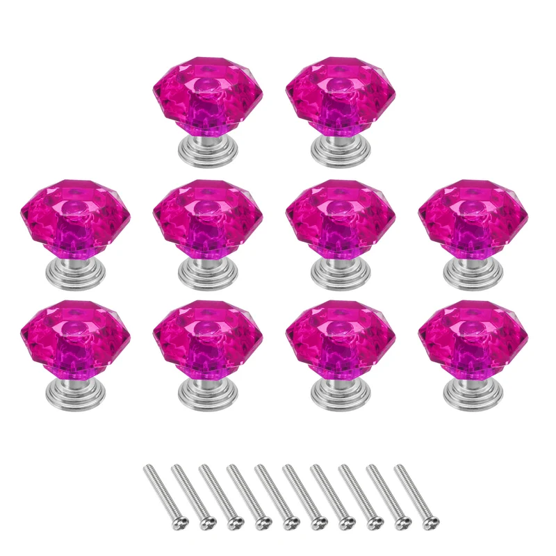 10Pcs Crystal Drawer Knobs 24 mm Dresser Knobs for Cupboard Rose Red/Silver