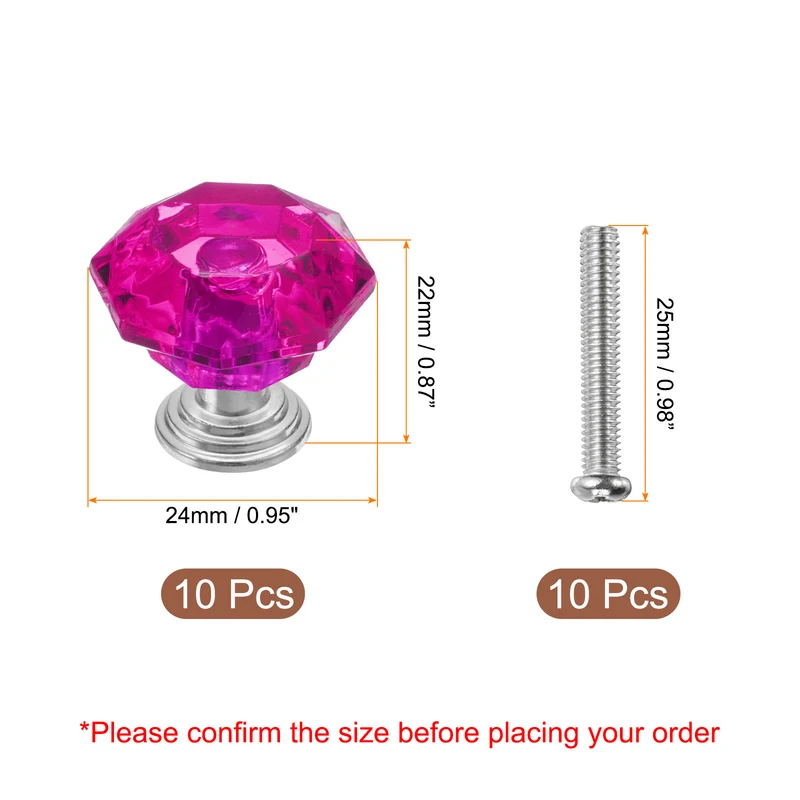 10Pcs Crystal Drawer Knobs 24 mm Dresser Knobs for Cupboard Rose Red/Silver