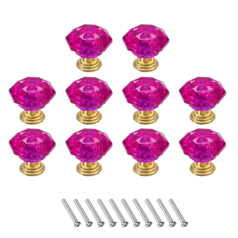 10 Pcs Crystal Drawer Knobs 24 mm Dresser Knobs for Cupboard Rose Red/Gold
