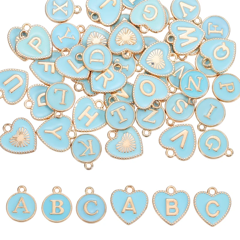 52 Pcs Letter Initial Charm A-Z Heart & Round Letter Charm(Blue)
