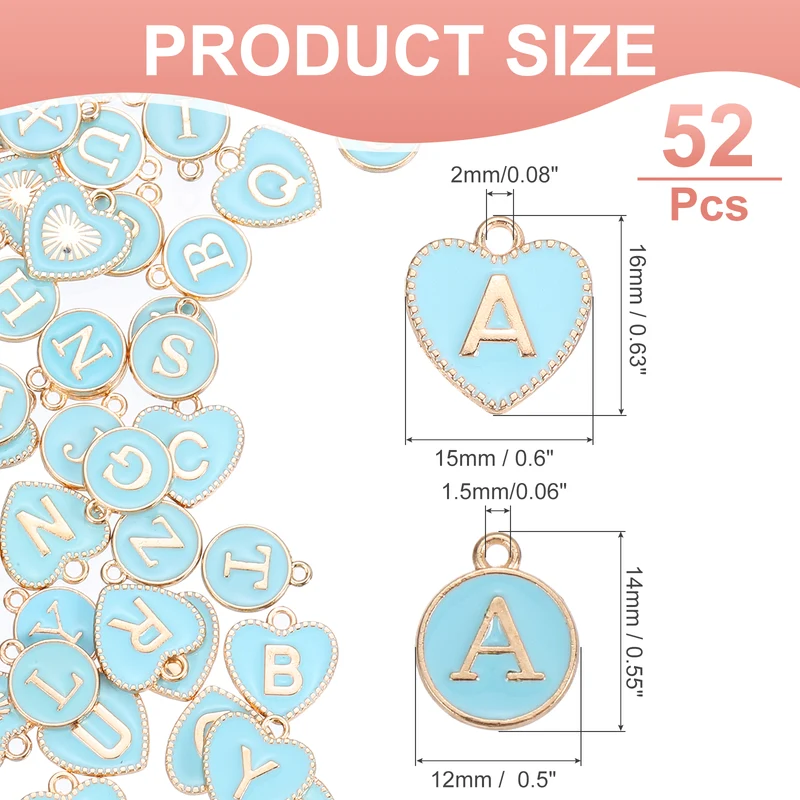 52 Pcs Letter Initial Charm A-Z Heart & Round Letter Charm(Blue)