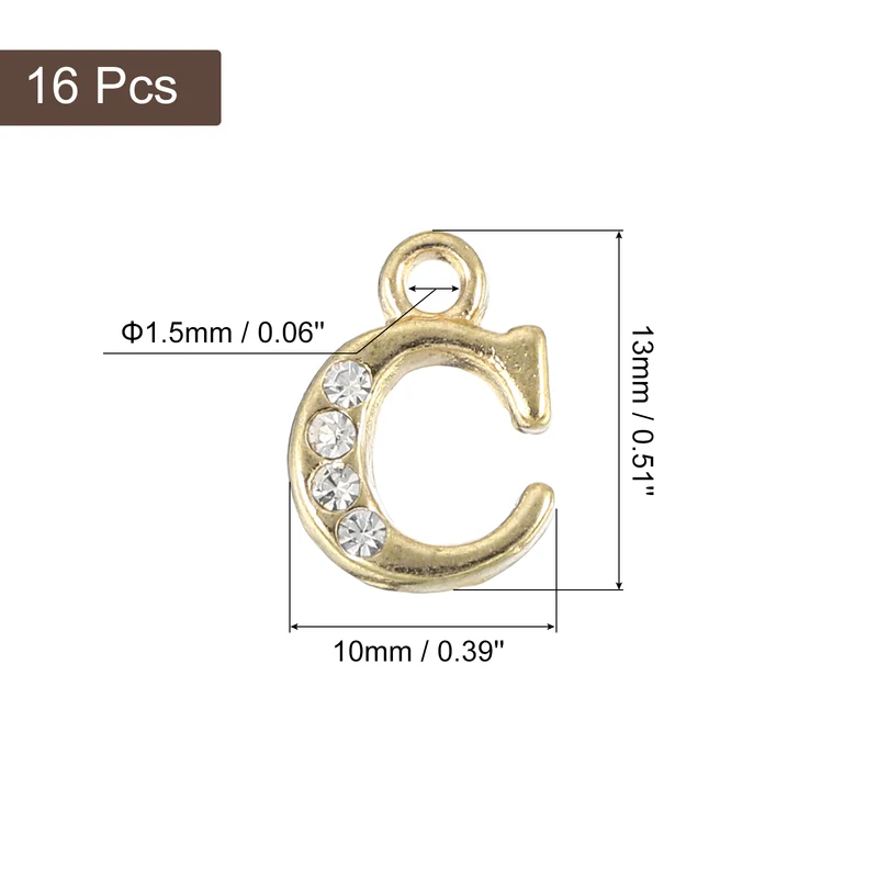 Rhinestone Letter Charm, 16pcs 1.5mm Metal C Letter Charm, Gold