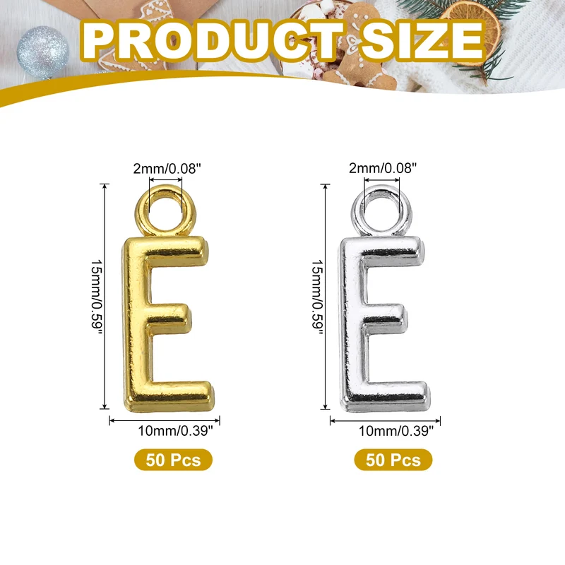 0.4" Letter Charm A-Z for Jewelry Making - E (100 Pack, Dark Silver/Gold)