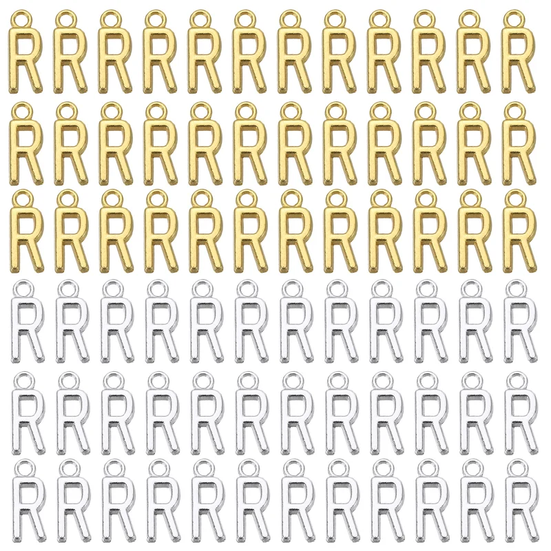 0.3" Letter Charm A-Z for Jewelry Making - R (100 Pack, Dark Silver/Gold)