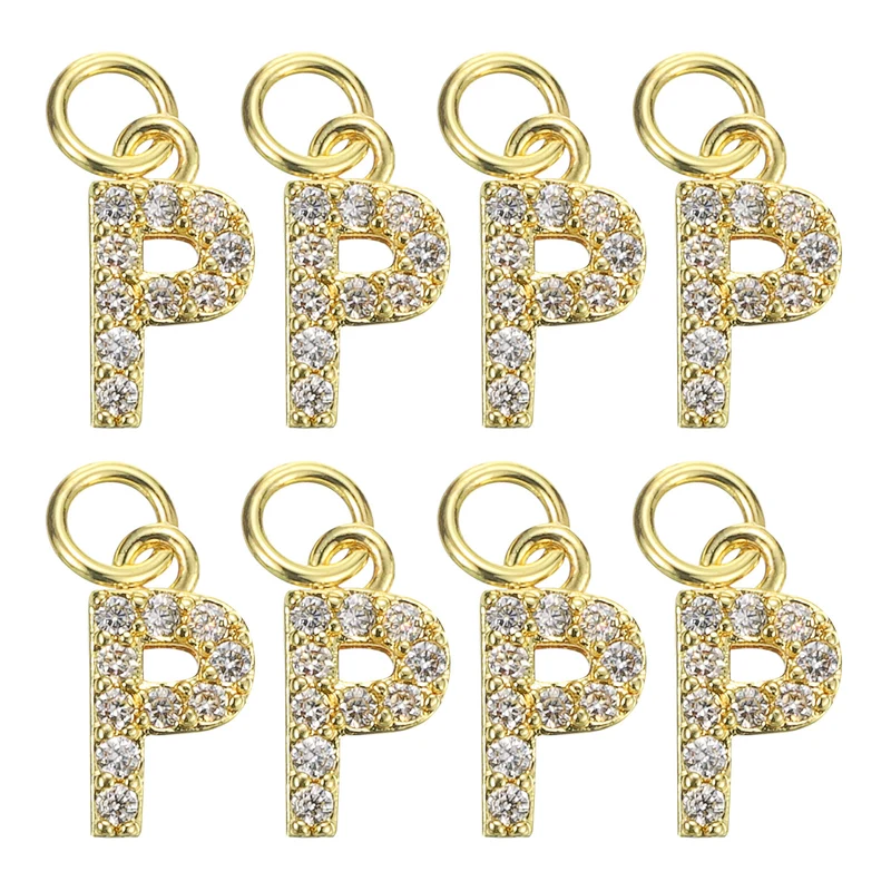 Rhinestone Letter Charm, 8pcs 3.2mm Copper P Letter Charm, Golden