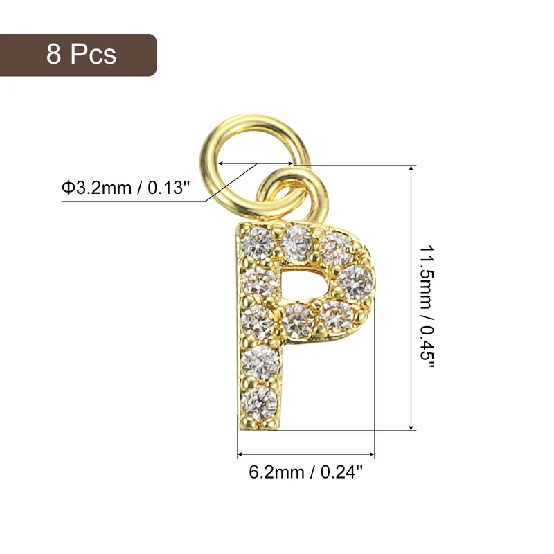 Rhinestone Letter Charm, 8pcs 3.2mm Copper P Letter Charm, Golden