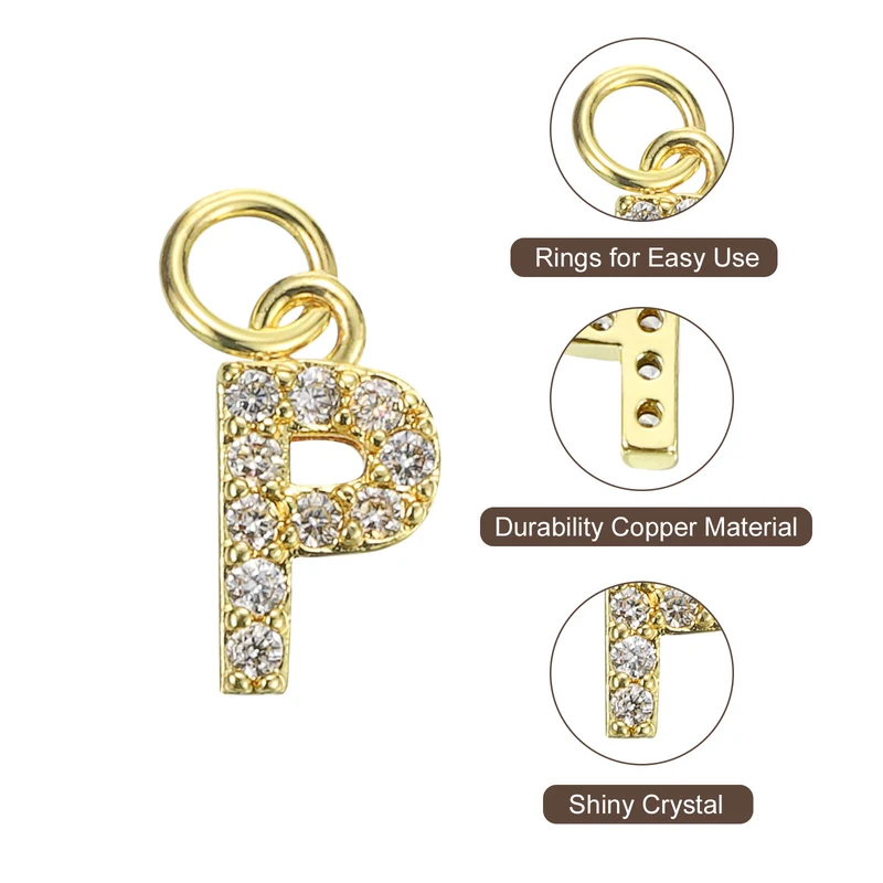 Rhinestone Letter Charm, 8pcs 3.2mm Copper P Letter Charm, Golden