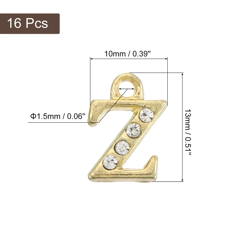 Rhinestone Letter Charm, 16pcs 1.5mm Metal Z Letter Charm, Gold