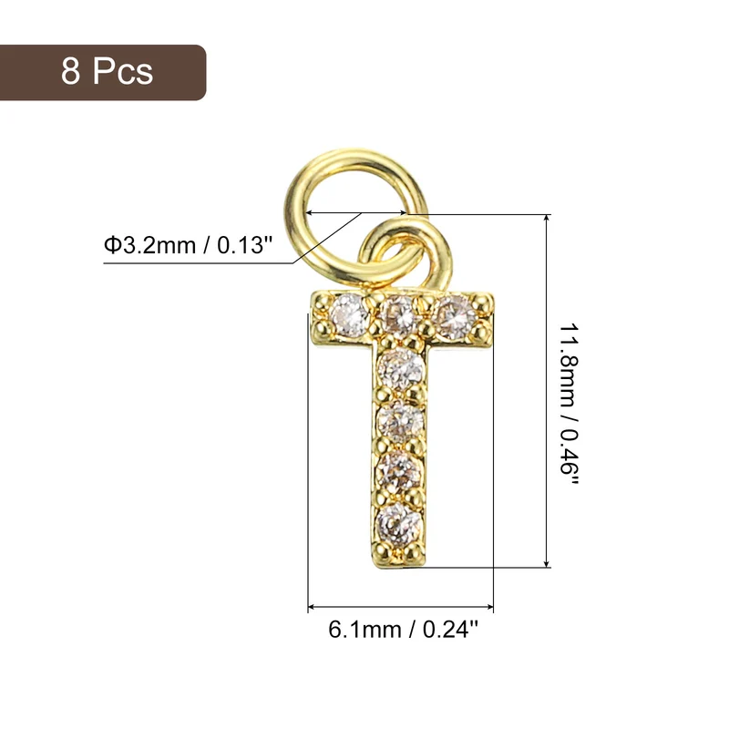 8pcs Rhinestone Letter Charm 3.2mm Copper T Letter Charm Golden