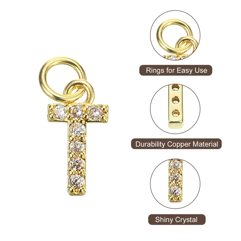 8pcs Rhinestone Letter Charm 3.2mm Copper T Letter Charm Golden